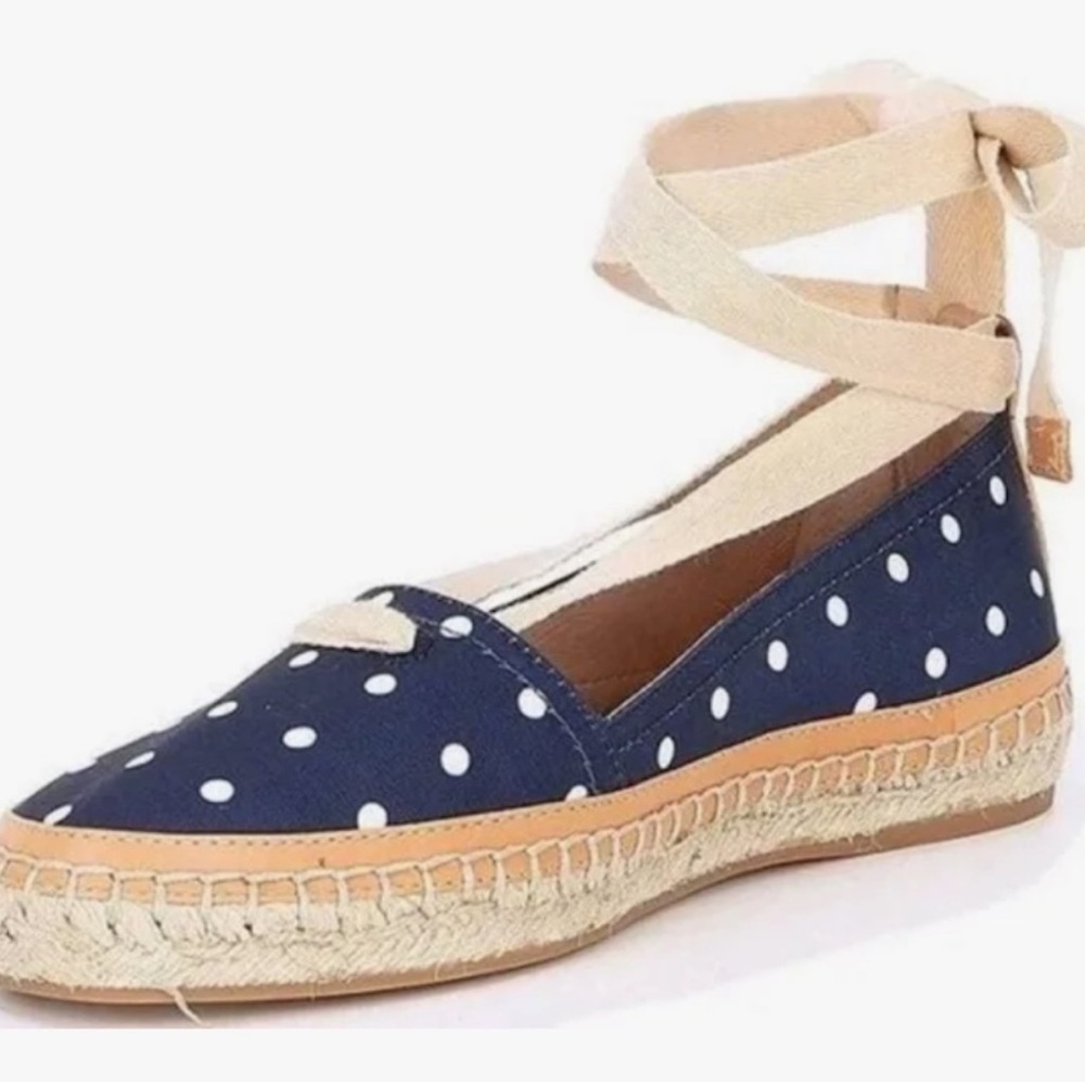 Antonio Melani Luluna Ankle Wrap Jute Espadrille Slip On Polka Dot Flat Navy 7.5
